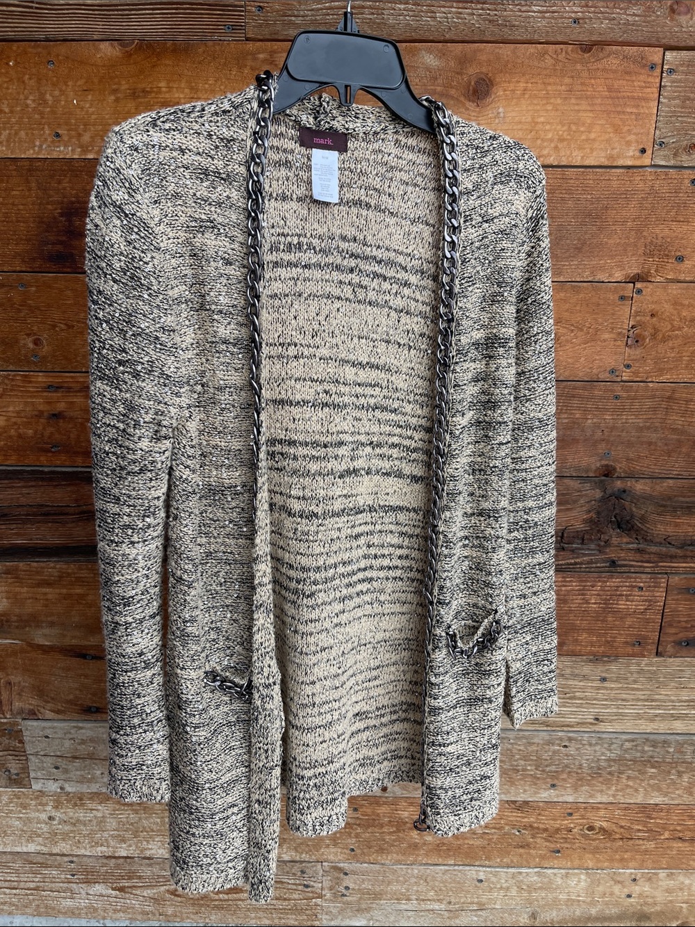 mark. Marled Beige and Black Open-Front Cardigan with Chain Trim